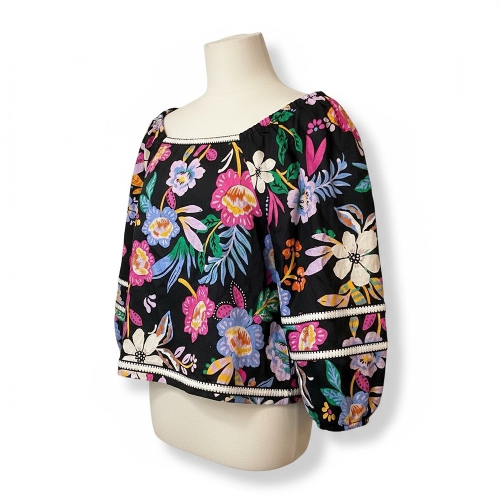 C&C California Black Floral Square Neck Balloon Sleeve Linen Crop Top S